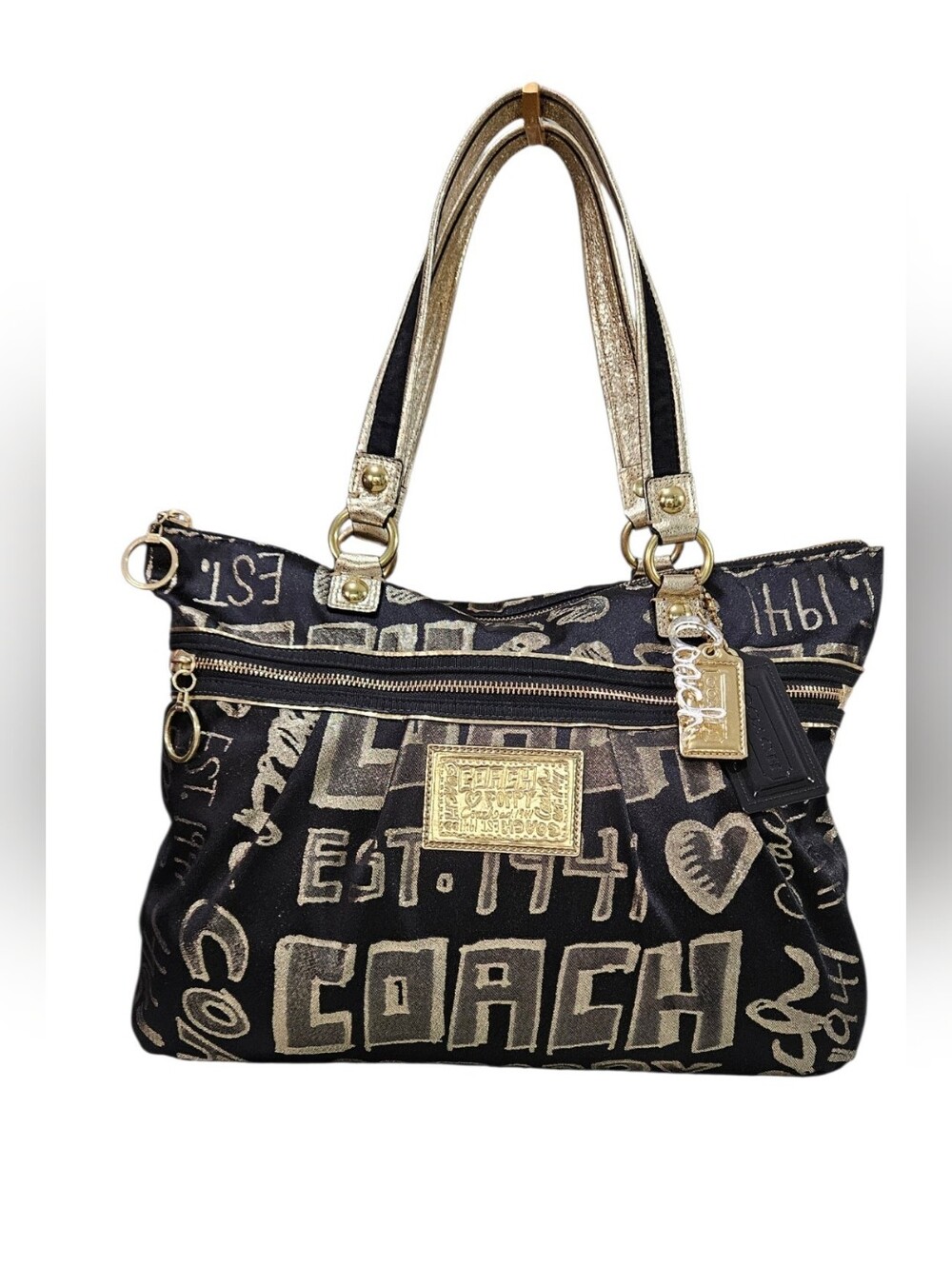 Coach Poppy Graffiti 2010 Black & Gold Storypatch Print Tote with Wristlet - Picture 2 of 16